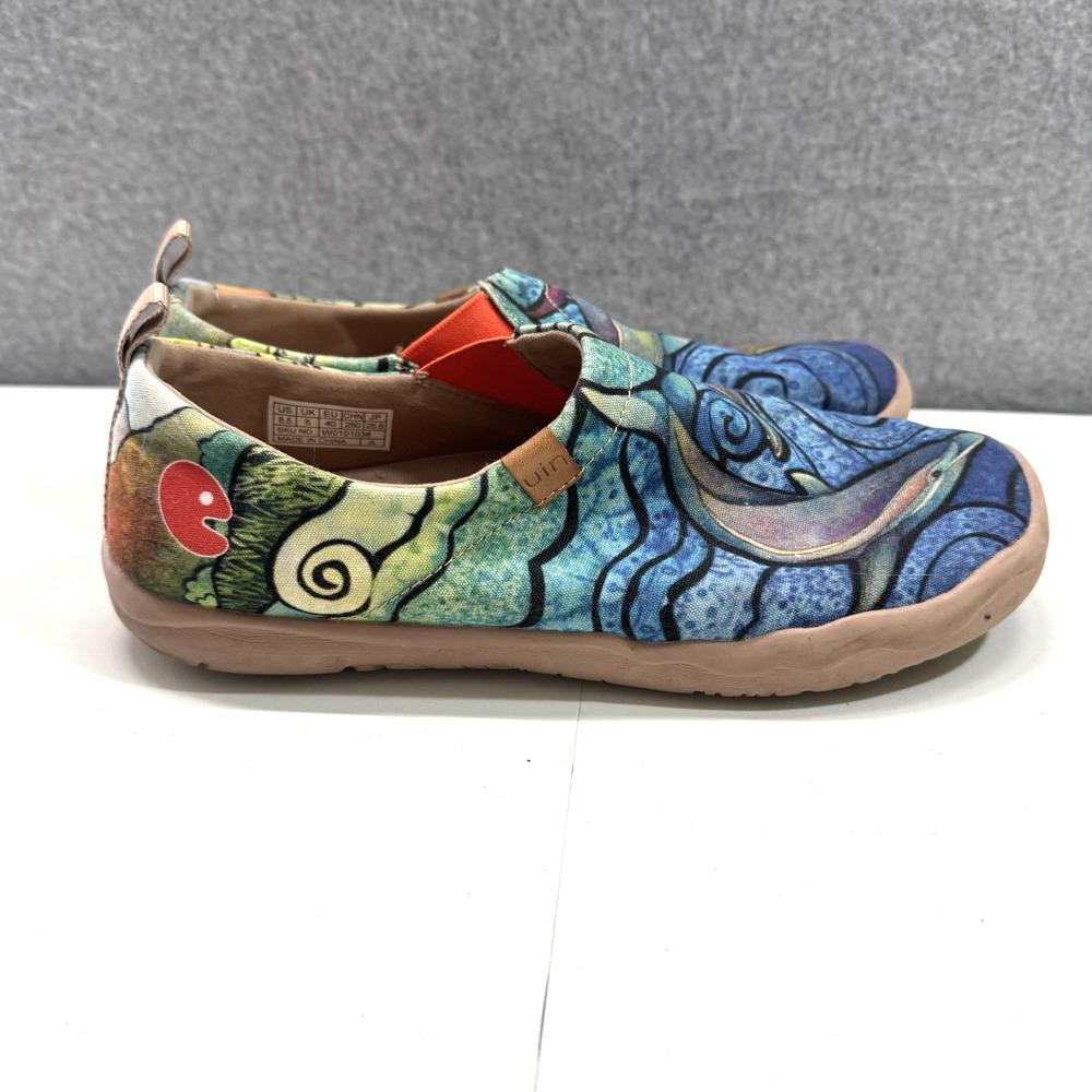 UIN Womens 8.5 Toledo Porpoise Dolphin Canvas Slip On Shoes Blue Multi Comfort - Picture 2 of 9